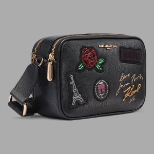 KARL LAGERFELD PARIS MAYBELLE CROSSBODY WITH PARIS PATCH - Black / Gold - Image 3