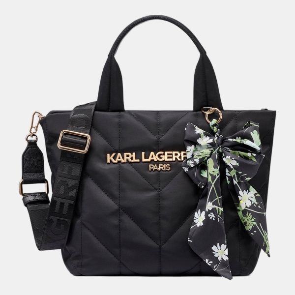 KARL LAGERFELD PARIS VOYAGE NYLON TOTE WITH BOW - Black / Gold