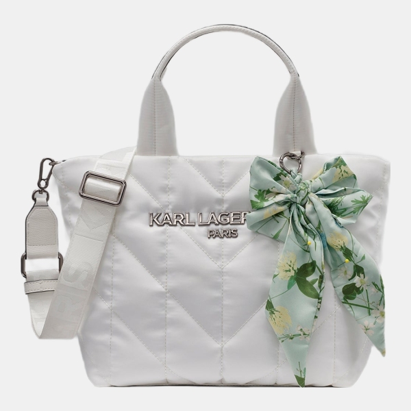 KARL LAGERFELD PARIS VOYAGE NYLON TOTE WITH BOW - Winter White/Silver