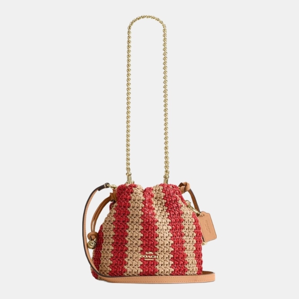 Coach Faye Mini Drawstring Bag With Stripes - Gold/Red/Tan