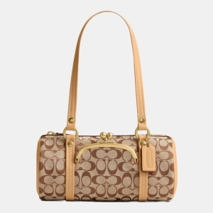 Coach Kisslock Barrel Bag 28 In Signature Jacquard - Brass/Khaki Light Peach