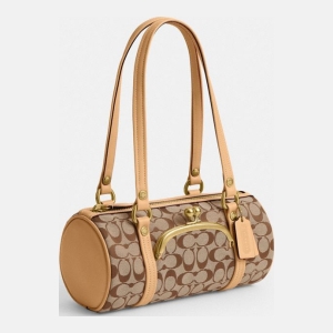Coach Kisslock Barrel Bag 28 In Signature Jacquard - Brass/Khaki Light Peach - Image 3