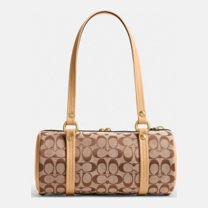 Coach Kisslock Barrel Bag 28 In Signature Jacquard - Brass/Khaki Light Peach - Image 4