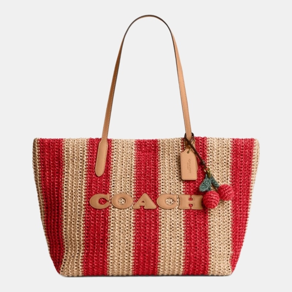 Coach City Tote Bag With Stripes And Charm - Gold/Red/Tan