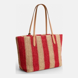 Coach City Tote Bag With Stripes And Charm - Gold/Red/Tan - Image 3