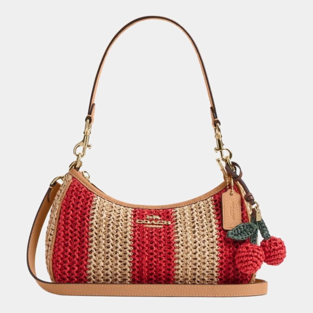 Coach Teri Shoulder Bag With Stripes And Charm - Gold/Red/Tan