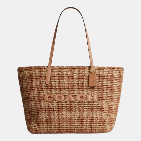 Coach City Tote Bag With Gingham Print - Gold/Tan