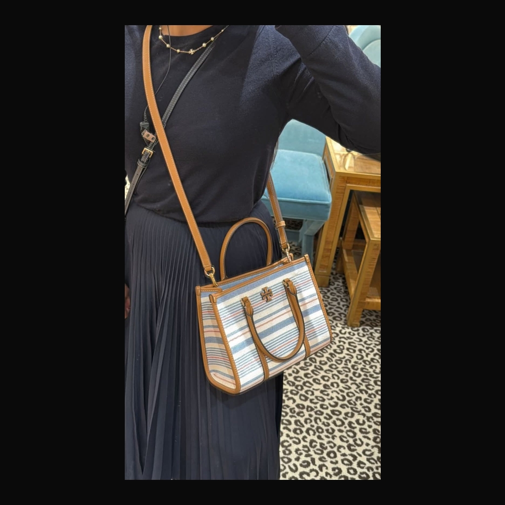 Tory Burch Striped Canvas Mini Tote Bag - Striped (Light Blue, Red, Beige) with Tan Trim