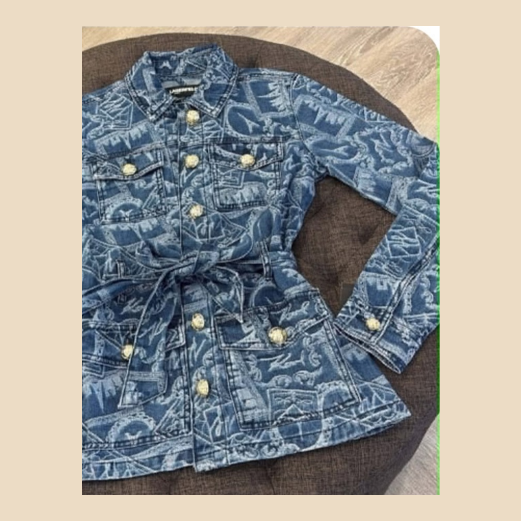 Unbranded Denim Jacket with Belt and Gold Buttons - Blue - Size Large