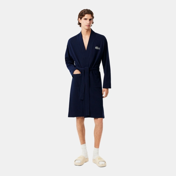 Lacoste Men's Waffle-Knit Thermal Robe - Navy Blue