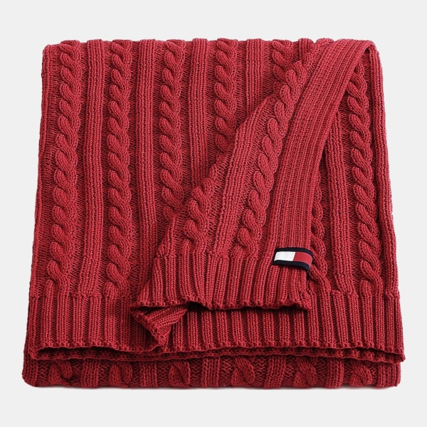 Tommy Hilfiger Solid Cotton Cable Knit Throw, 70" x 50" - Dark Red