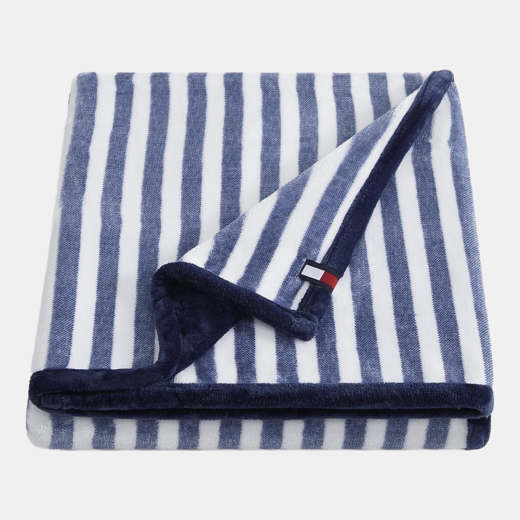 Tommy Hilfiger Laguna Beach Stripe Printed Plush Throw, 70" x 50" - White, Deep Blue