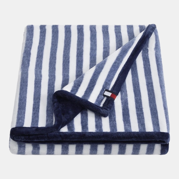 Tommy Hilfiger Laguna Beach Stripe Printed Plush Throw, 70" x 50" - White, Deep Blue