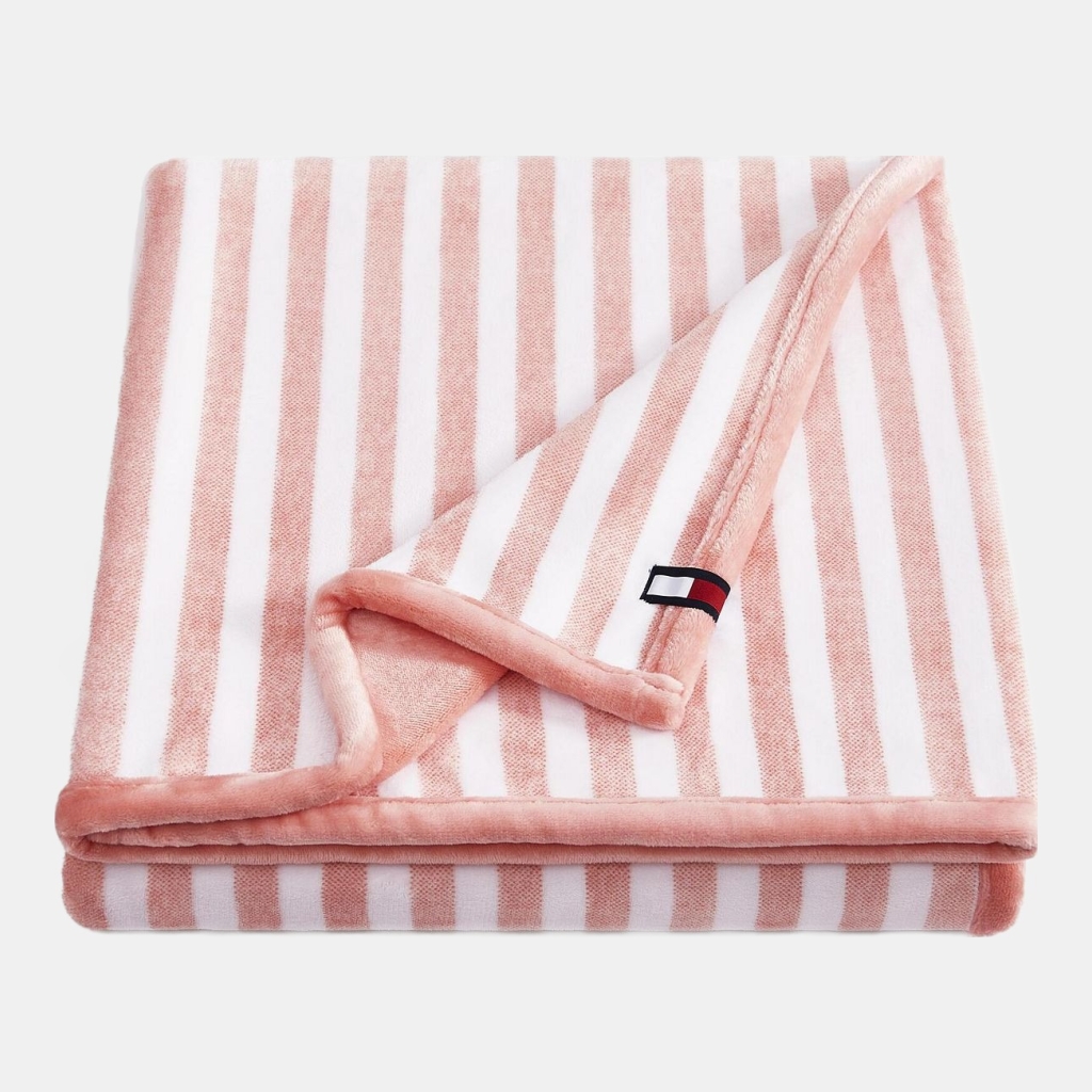 Tommy Hilfiger Laguna Beach Stripe Printed Plush Throw, 70" x 50" - White, Coral Pink