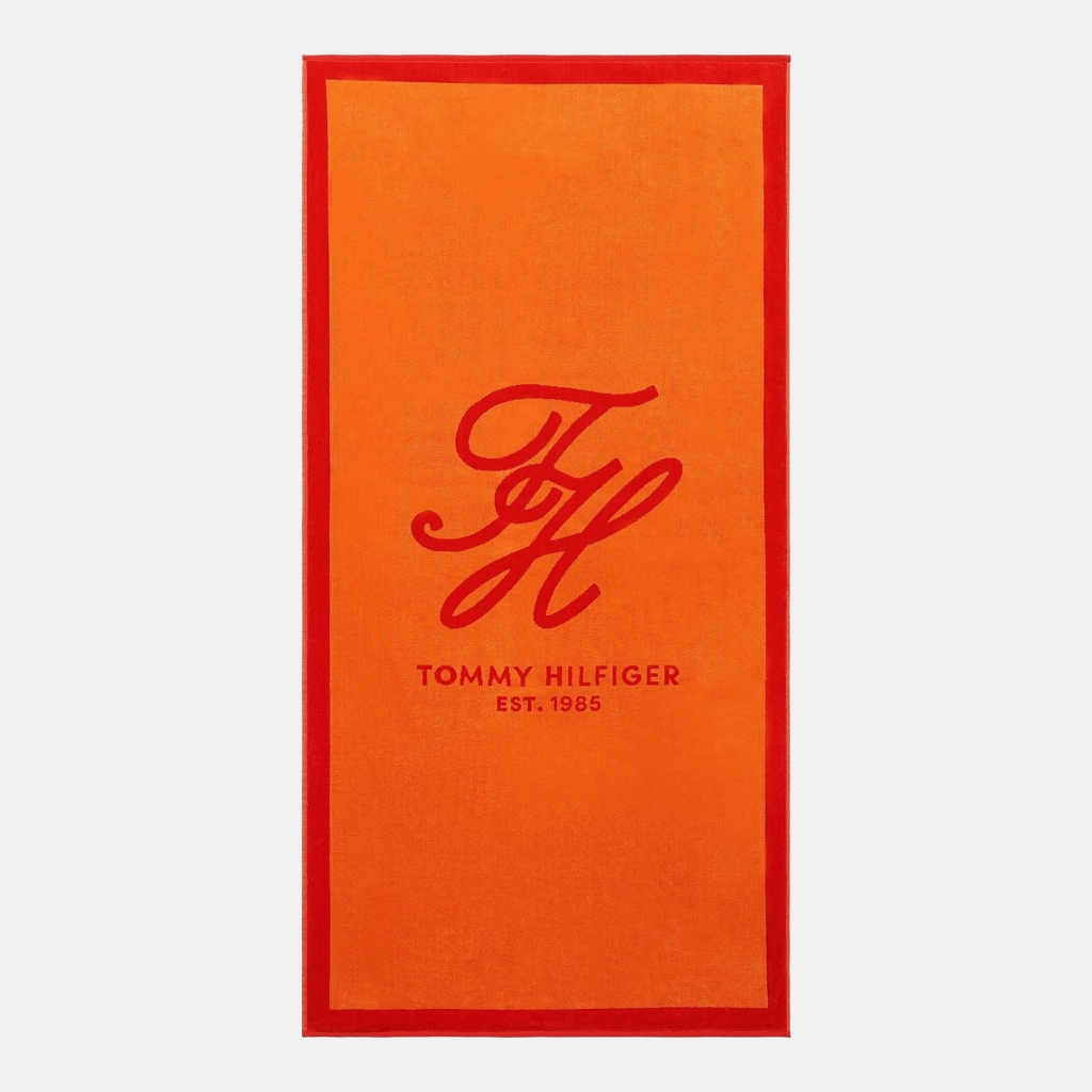 Tommy Hilfiger Colorblock Monogram Cotton Beach Towel, 68" x 36" - Orange, Cherry