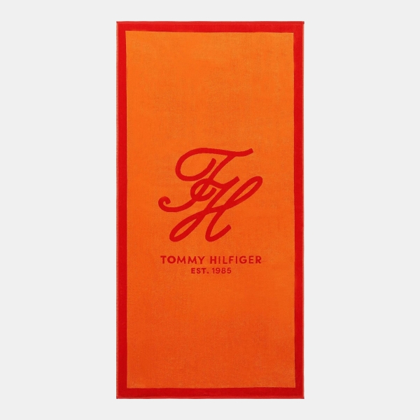 Tommy Hilfiger Colorblock Monogram Cotton Beach Towel, 68" x 36" - Orange, Cherry