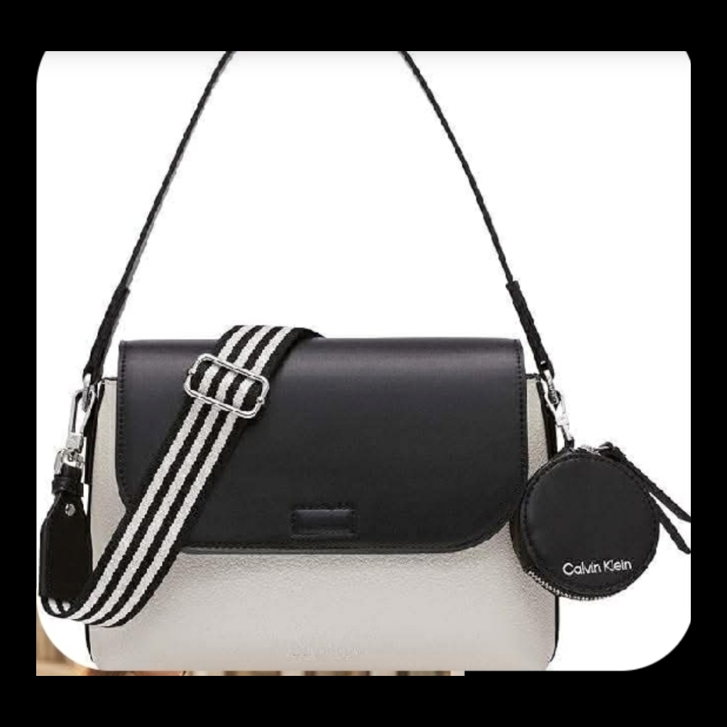 Calvin Klein Two-tone Shoulder Bag with Striped Strap and Pouch - Black and Cream