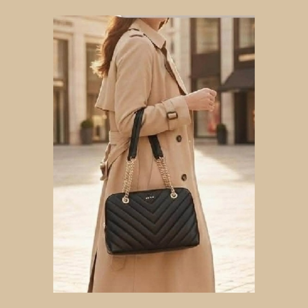 DKNY Quilted Shoulder Bag with Chain Straps - Black