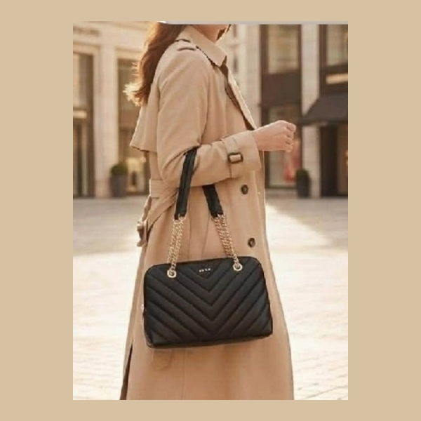 DKNY Quilted Shoulder Bag with Chain Straps - Black