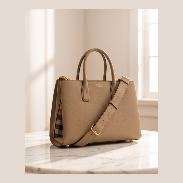 Burberry Small Grainy Leather Tote Bag - Beige - Size 10" H x 13" W x 6.25" D