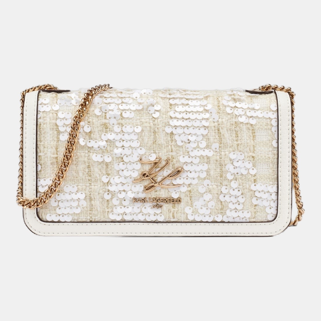 KARL LAGERFELD PARIS KOSETTE SEQUIN TWEED SHOULDER BAG - Winter White