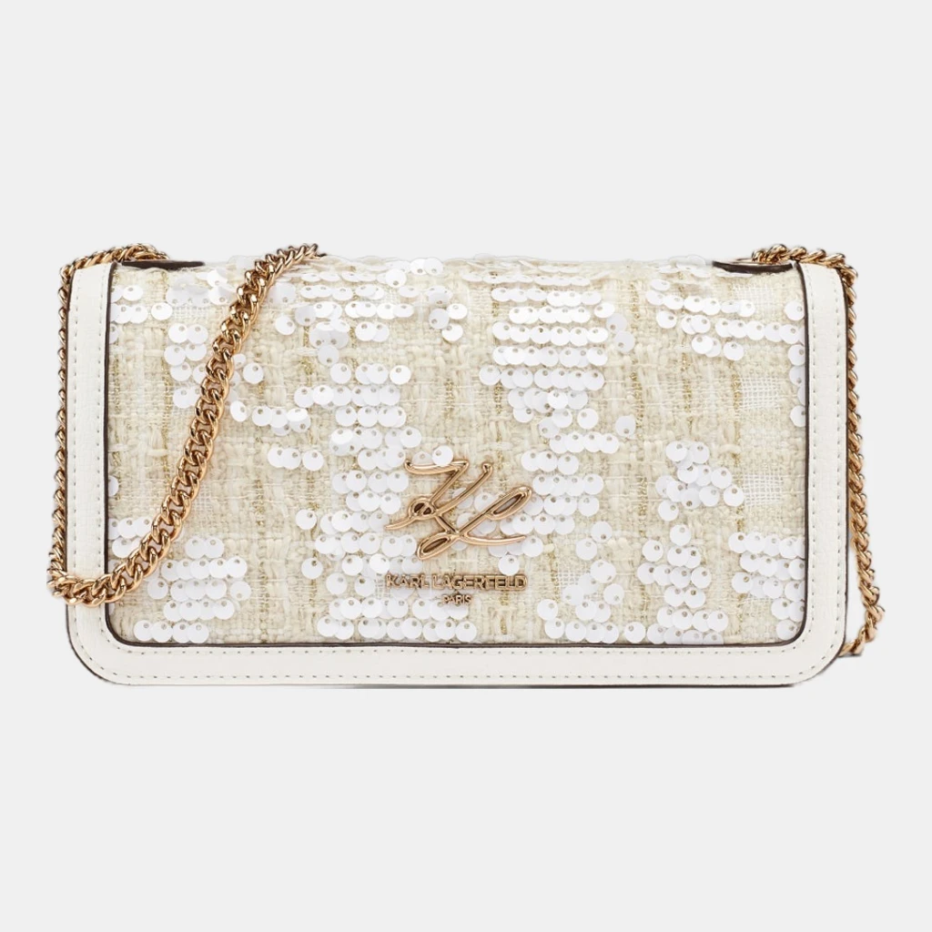 KARL LAGERFELD PARIS KOSETTE SEQUIN TWEED SHOULDER BAG - Winter White