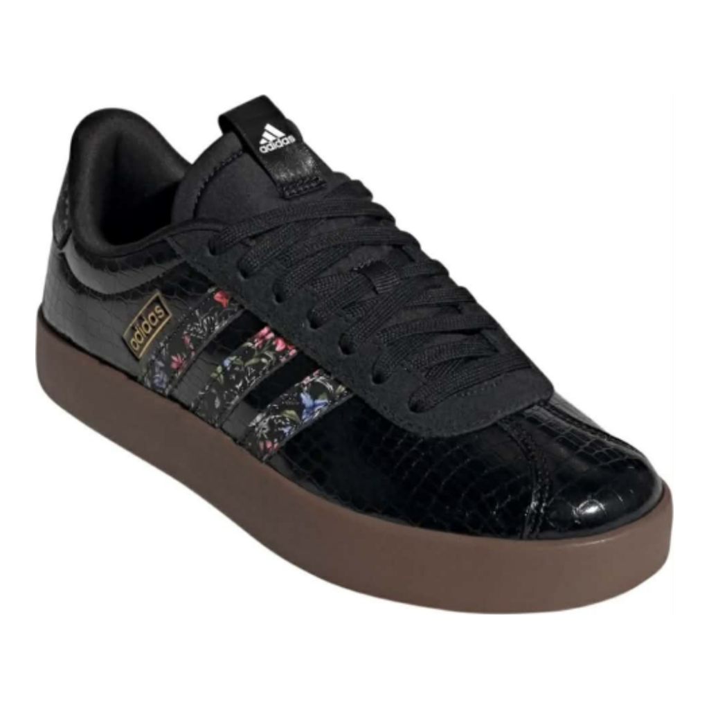 Adidas Platform Sneakers with Floral Stripes and Crocodile Texture - Black with Brown Sole and Floral Accents
