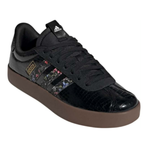 Adidas Platform Sneakers with Floral Stripes and Crocodile Texture - Black with Brown Sole and Floral Accents