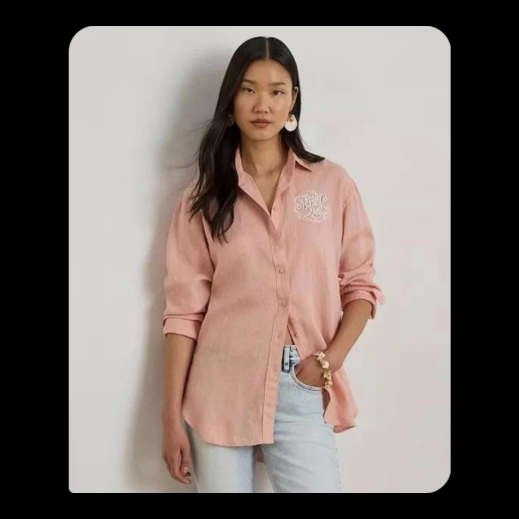 Lauren Ralph Lauren Women's Eyelet Logo Collared Shirt - Light Pink - Size medium
