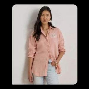 Lauren Ralph Lauren Women's Eyelet Logo Collared Shirt - Light Pink - Size medium