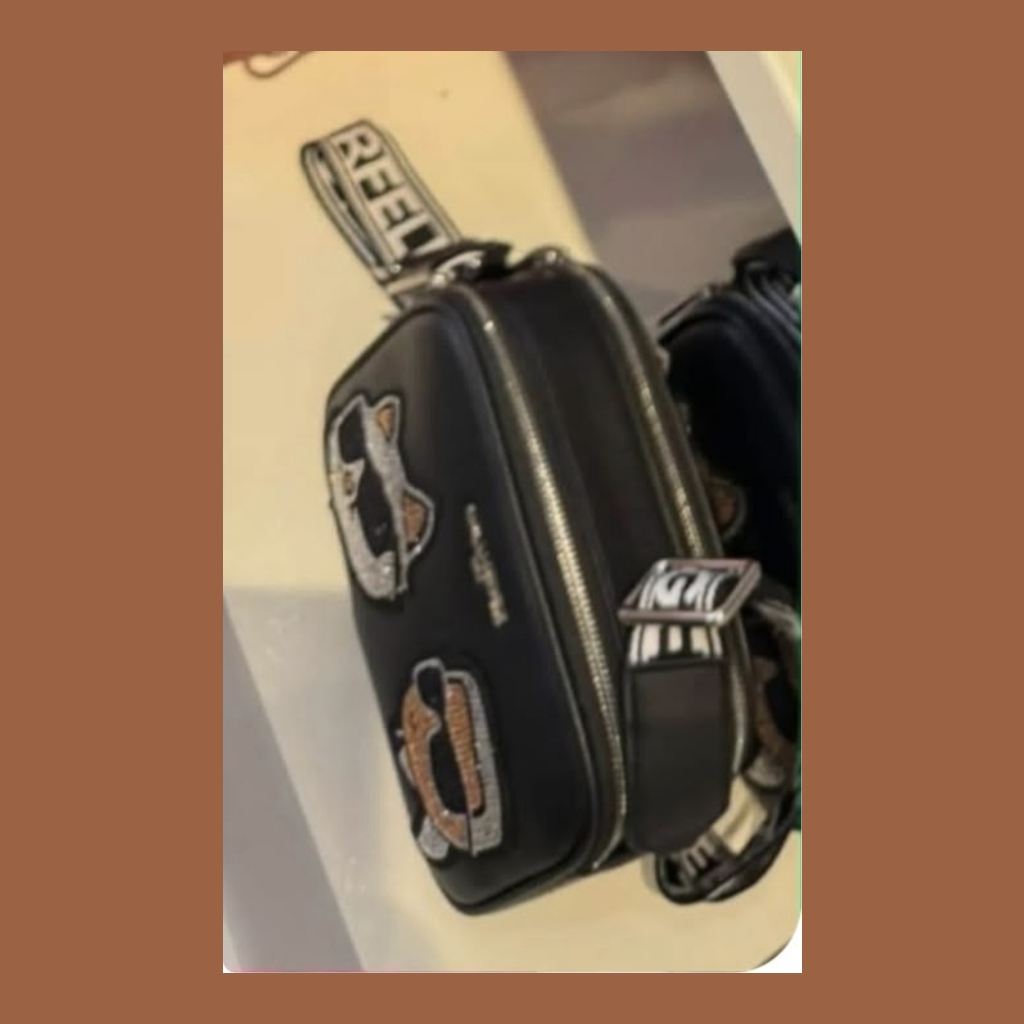 Karl Lagerfeld Crossbody Bag with Cat-like Patches - Black with Silver and Orange Patches