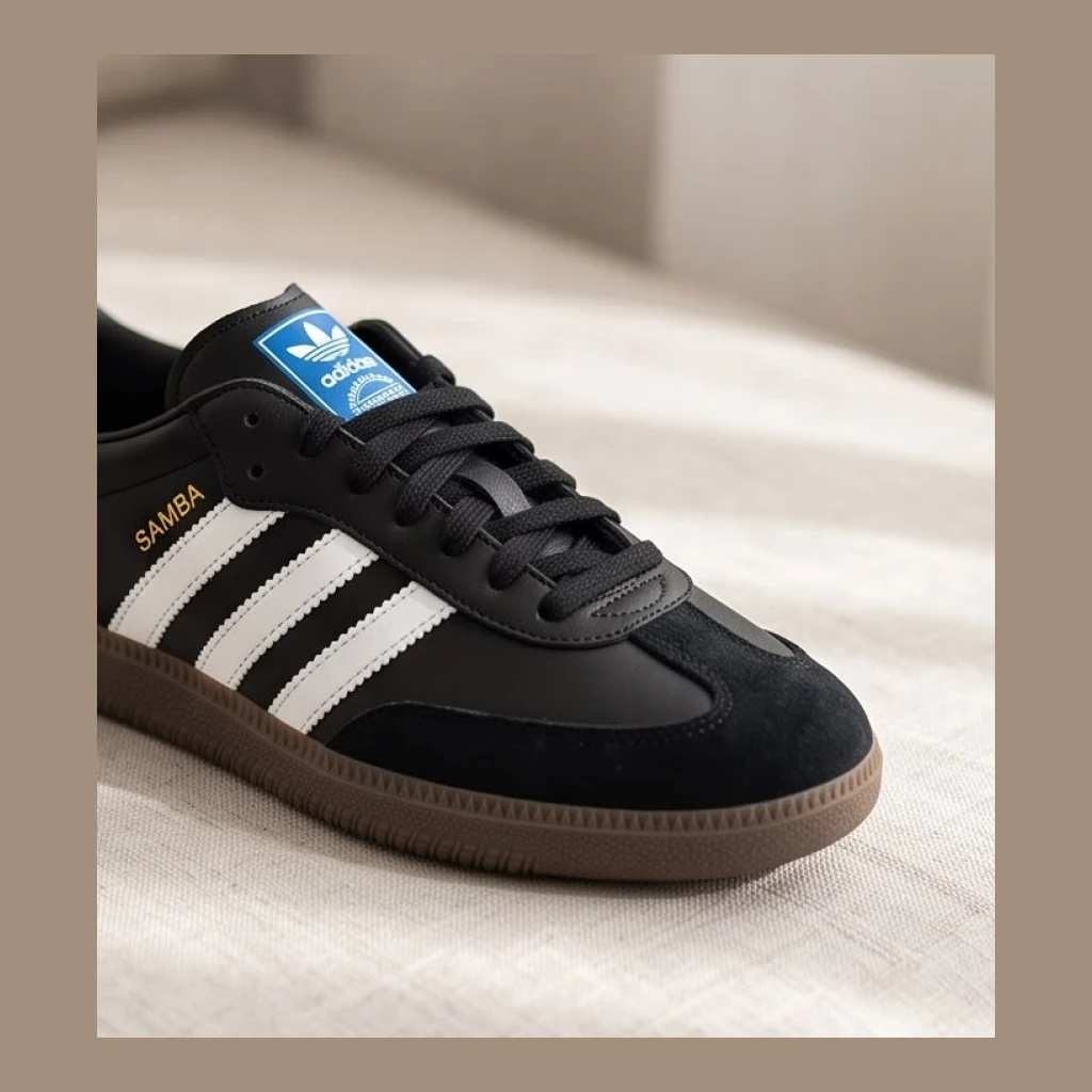 Adidas Samba Sneakers - Black with White Stripes and Gum Sole - Size 9