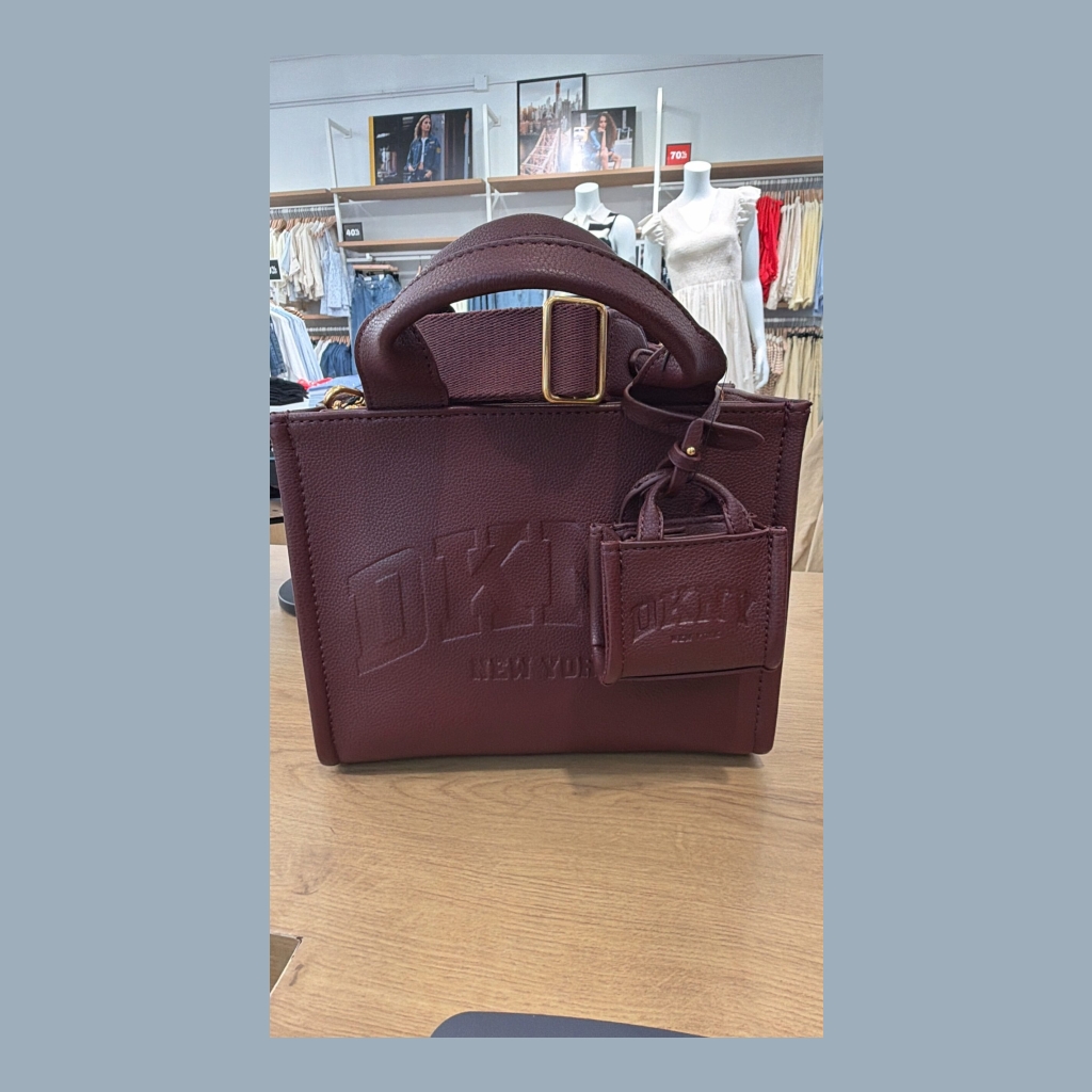 DKNY Embossed Logo Tote Bag with Mini Charm - Burgundy