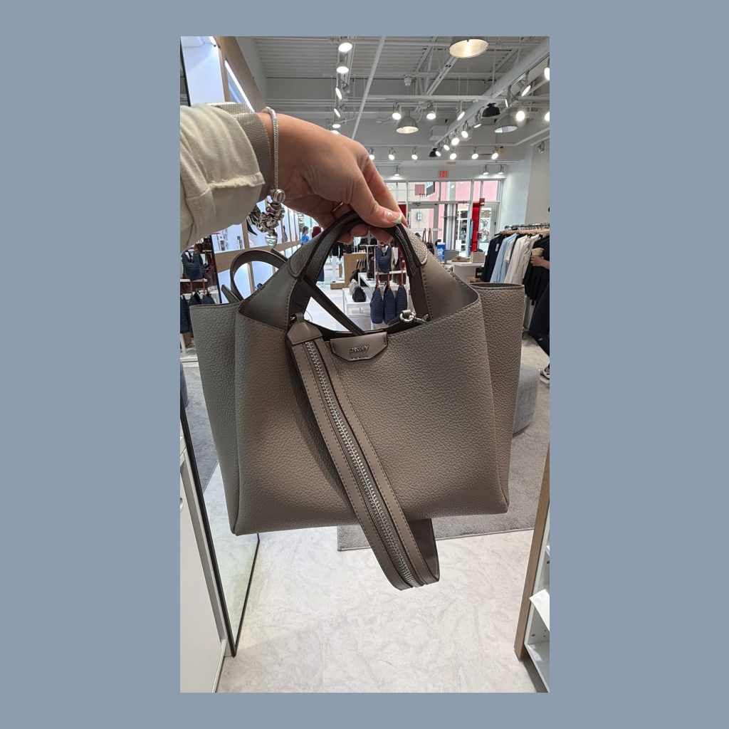 DKNY Leather Tote Bag with Zipper Detail - Taupe