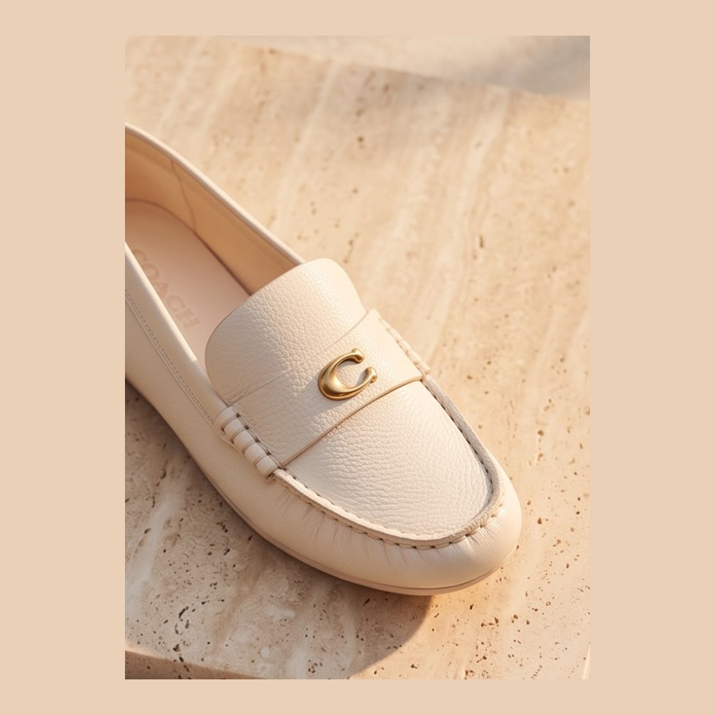 Coach Pebbled Leather Loafer with C Logo - Cream - Size 6.5 US