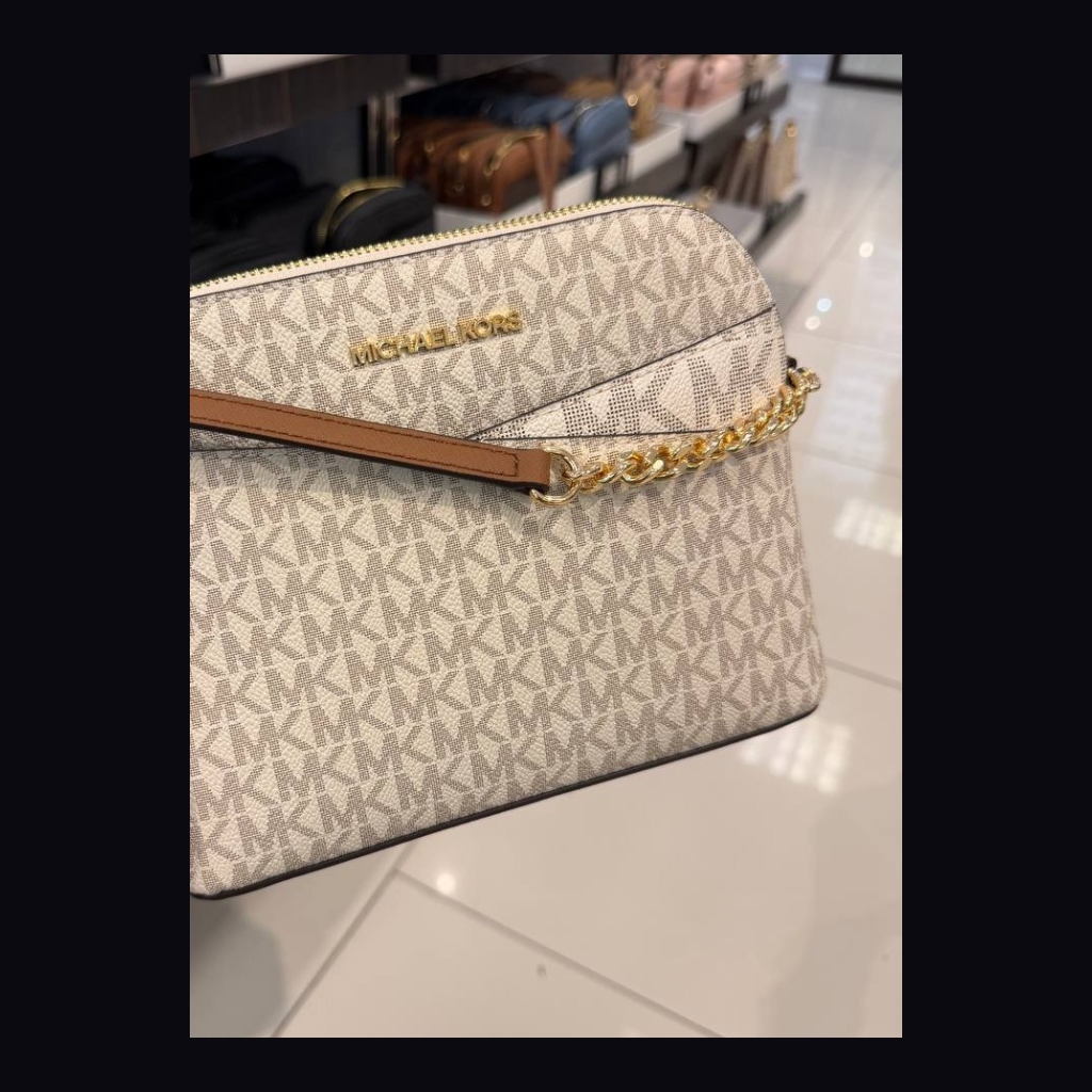 Michael Kors Small Monogram Crossbody Pouch Bag - Beige/Cream with Brown Trim