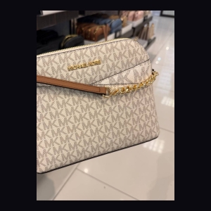 Michael Kors Small Monogram Crossbody Pouch Bag - Beige/Cream with Brown Trim