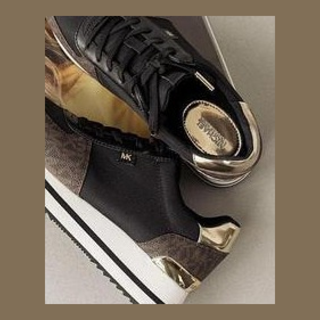 Michael Kors Platform Sneakers - Black with Brown Monogram and Gold Accents - Size 7.5 US