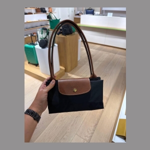 Longchamp Le Pliage Shoulder Bag - Black with Brown Trim - Size medium