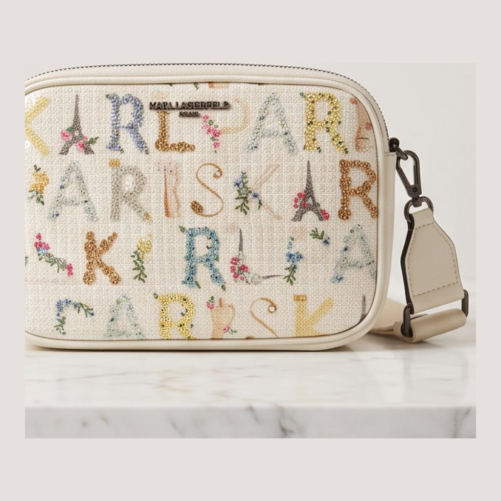 Karl Lagerfeld Paris Floral Lettering Crossbody Bag - Cream with Floral Lettering