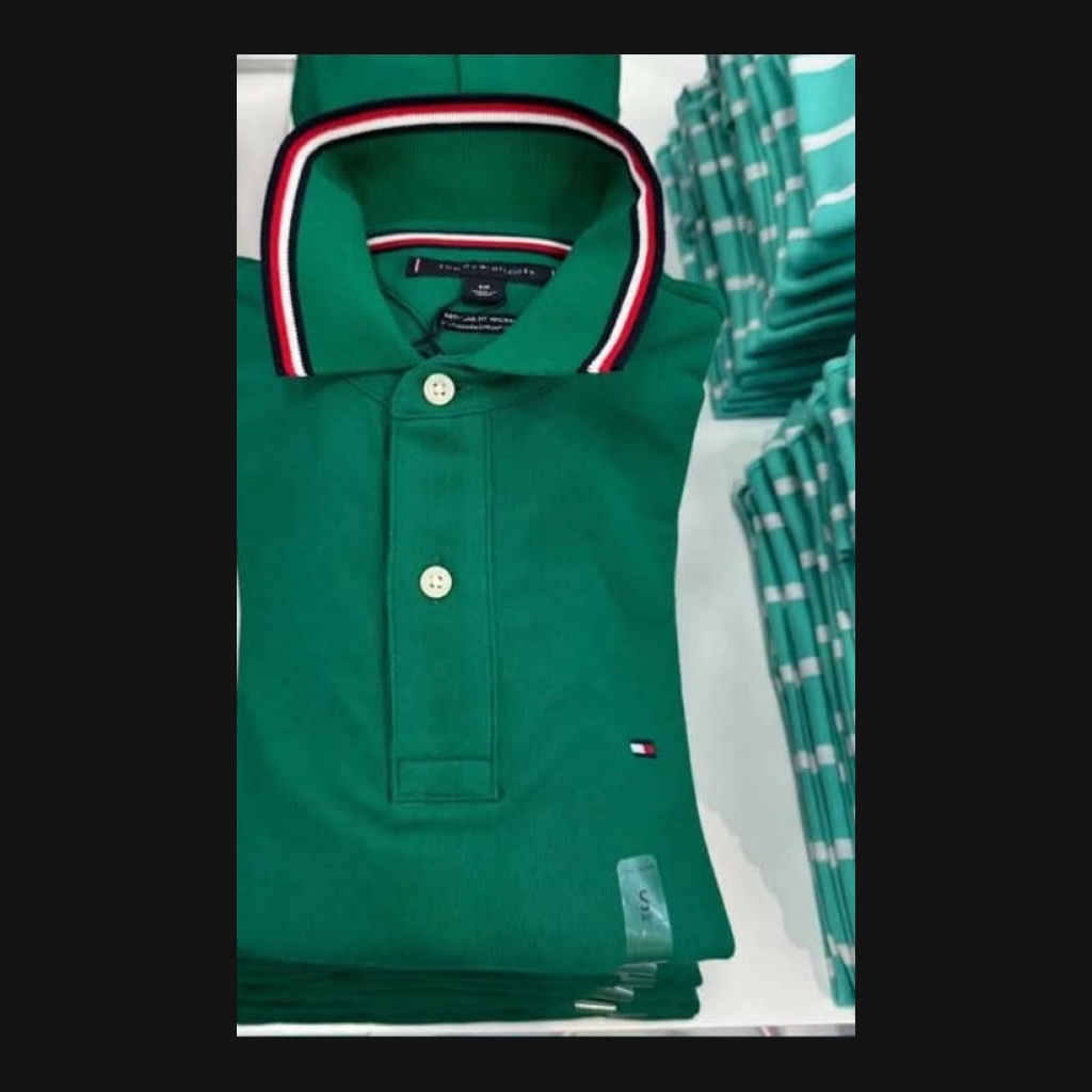 Tommy Hilfiger Men's Polo Shirt with Striped Collar - Green - Size Large