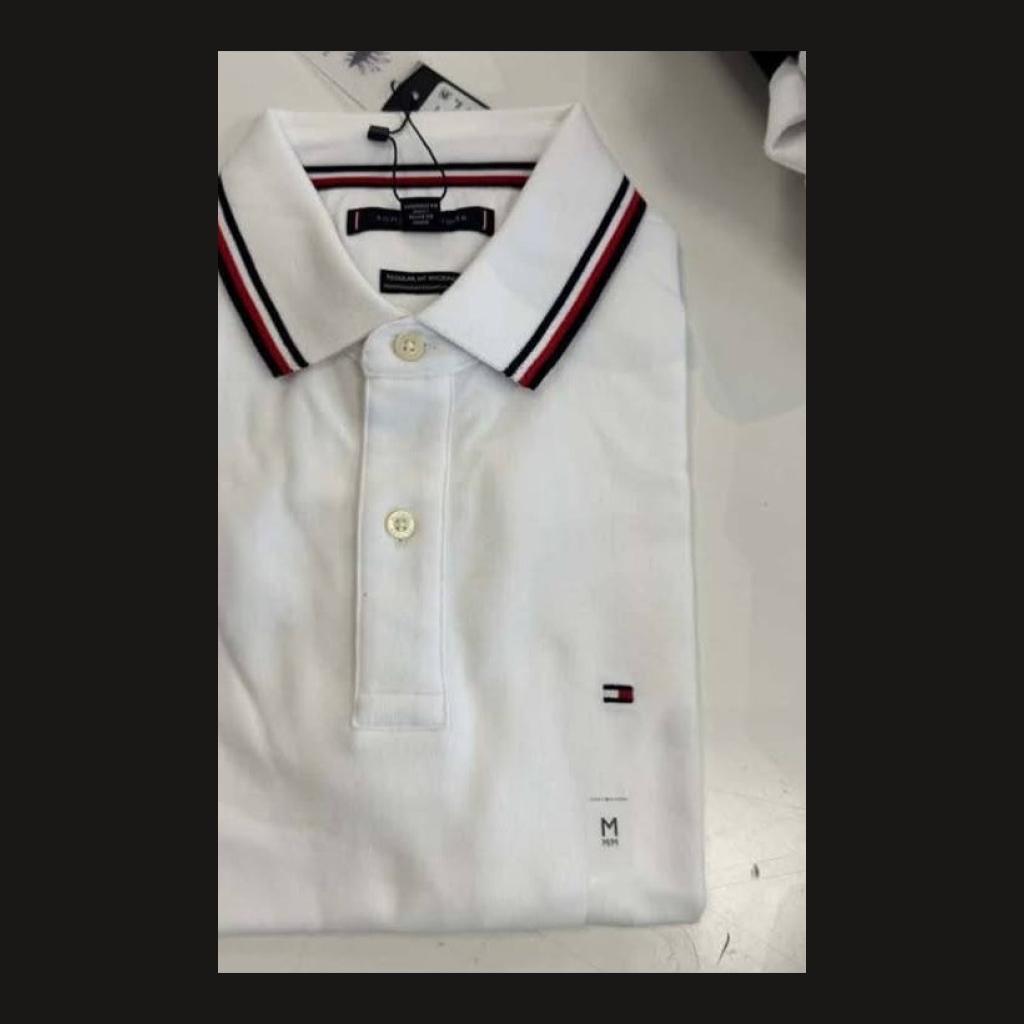 Tommy Hilfiger Men's Polo Shirt with Striped Collar - White - Size Large