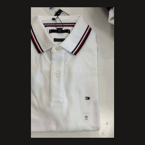 Tommy Hilfiger Men's Polo Shirt with Striped Collar - White - Size Large
