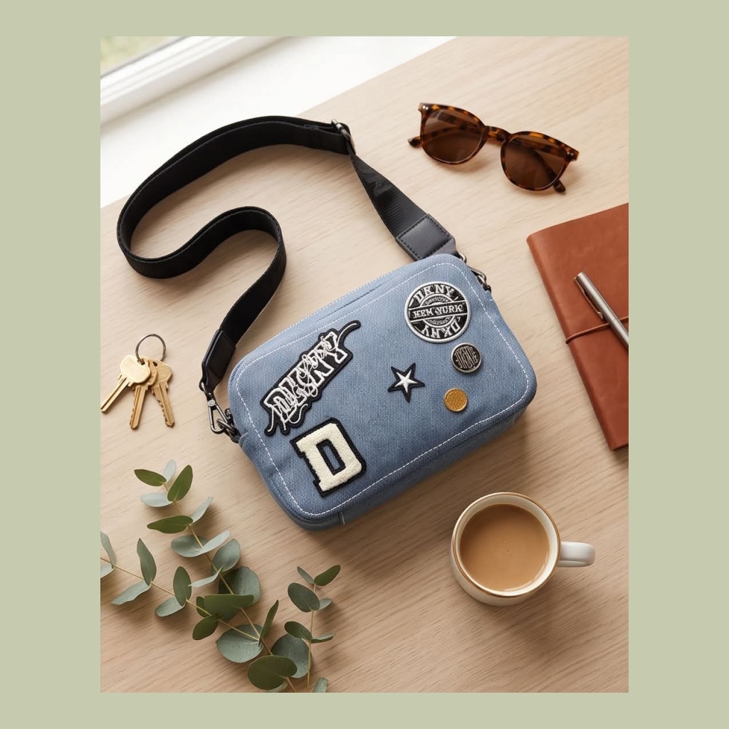 DKNY Crossbody Bag with Patches - Light Blue