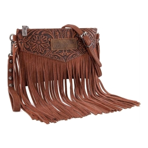 Wrangler Fringed Tooled Leather Crossbody Bag - Brown