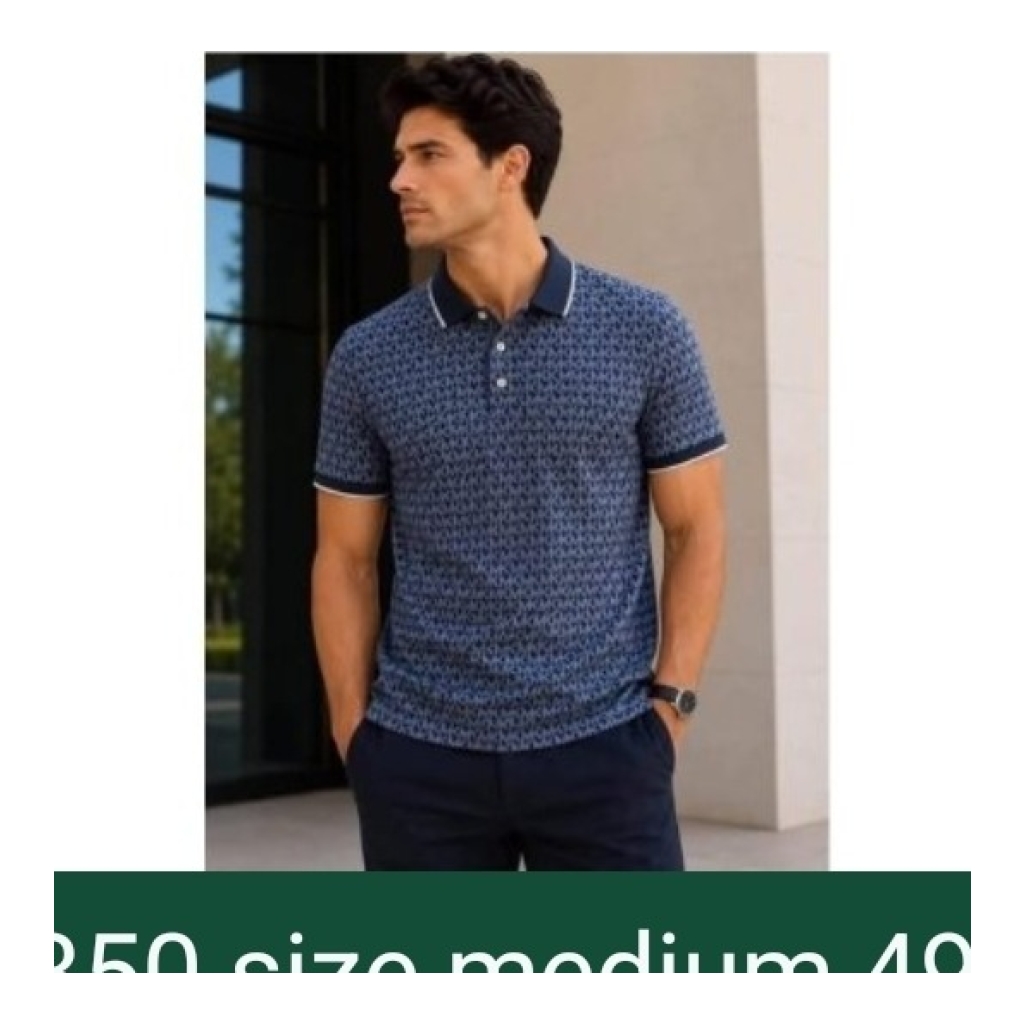 Fashion HUB Men's Patterned Polo Shirt - Navy Blue with Pattern - Size medium