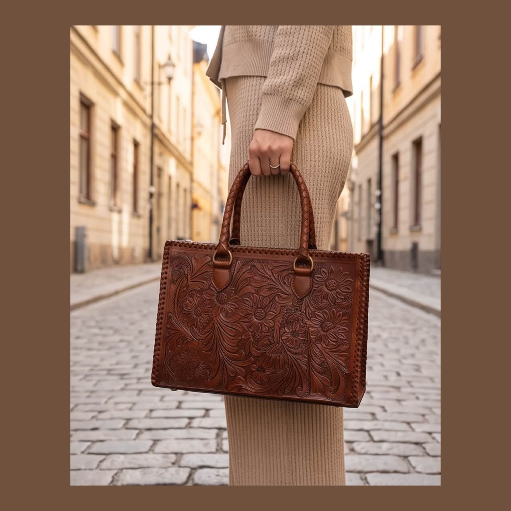 Artisanal Leather Floral Embossed Leather Tote Bag - Dark Brown