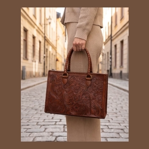Artisanal Leather Floral Embossed Leather Tote Bag - Dark Brown