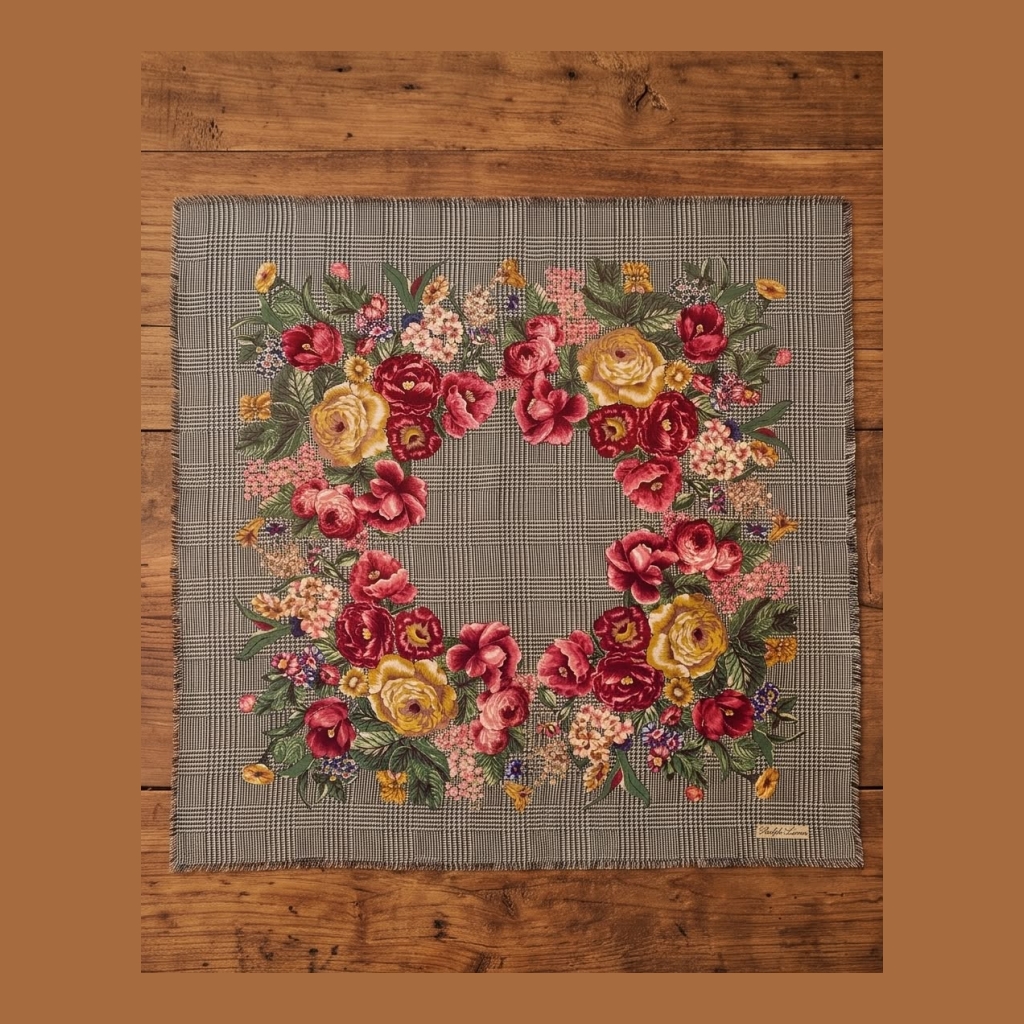 Ralph Lauren Floral Plaid Scarf - Gray Plaid with Multi-color Floral Print