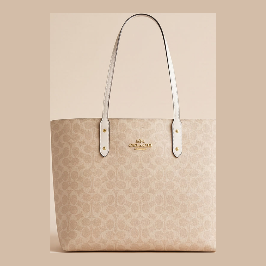 Coach Tote Bag with Monogram Pattern - Beige with White Handles